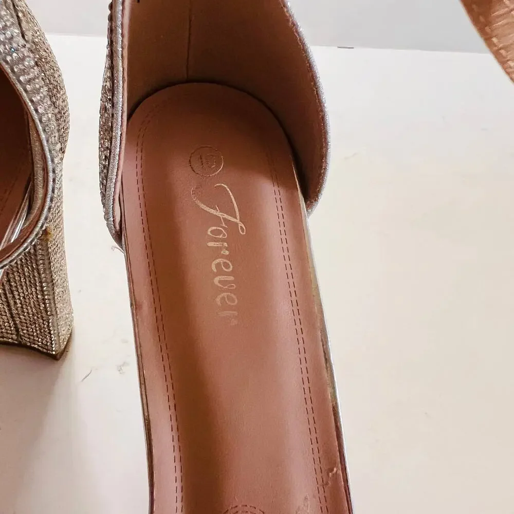 Forever Josina Rhinestones Block Heel Sandals Size 10 Silver - Picture 5 of 11